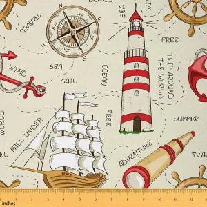 Lighthouse Fabric by The Yard, Nautical Anchor Upholstery, Ocean Sailing Compass Decorative, Telescope Rudder Indoor/Outdoor, Sea DIY Art Waterproof, Brown, 2 Yards
