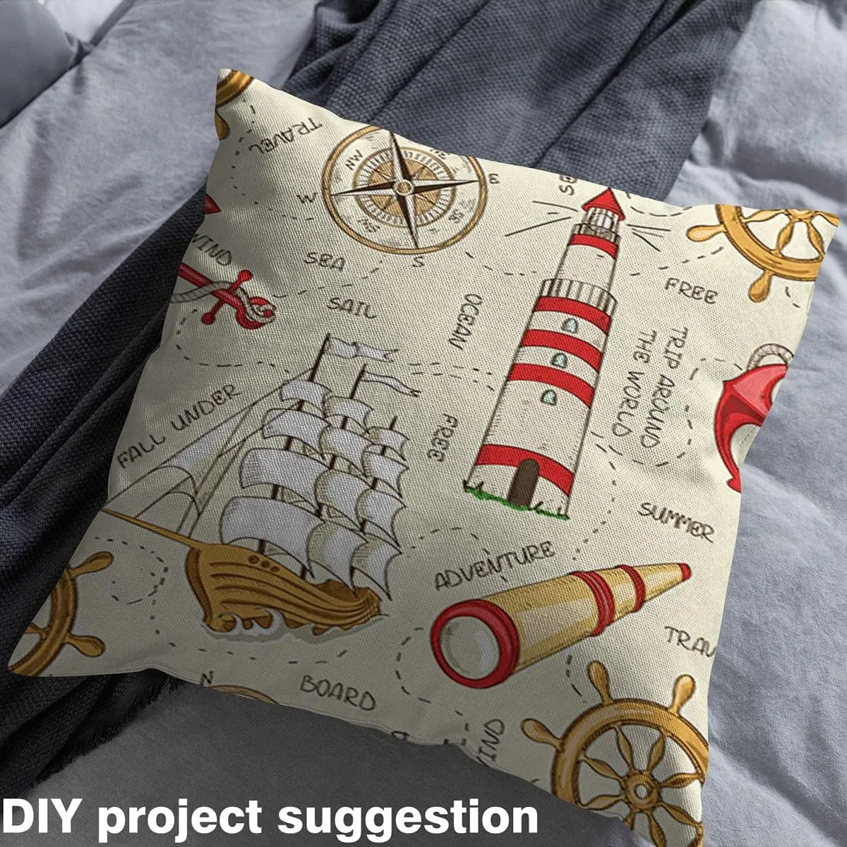 Lighthouse Fabric by The Yard, Nautical Anchor Upholstery, Ocean Sailing Compass Decorative, Telescope Rudder Indoor/Outdoor, Sea DIY Art Waterproof, Brown, 2 Yards