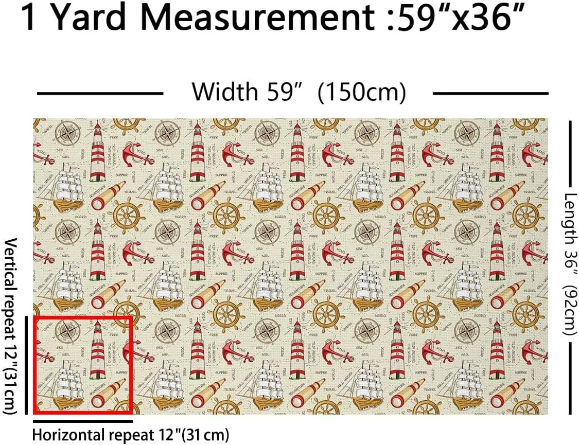 Lighthouse Fabric by The Yard, Nautical Anchor Upholstery, Ocean Sailing Compass Decorative, Telescope Rudder Indoor/Outdoor, Sea DIY Art Waterproof, Brown, 2 Yards