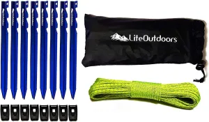 LITEOUTDOORS Ultralight Tent Stake Kit - 8 Aluminum Tent Pegs, 60' Reflective Guy Line, 8 Cord Tensioners - for Backpacking, Hiking, Camping