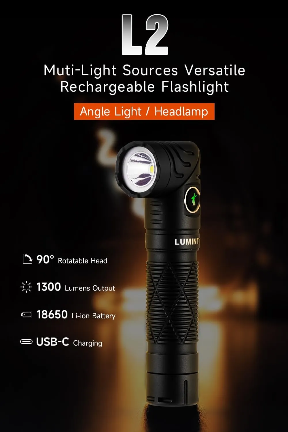 LUMINTOP Head Flashlight L2, 1300 Lumens, 158 Meters Rechargeable LED Headlamp, IPX4 Waterproof, for Camping, Hiking, Emergency, Outdoor
