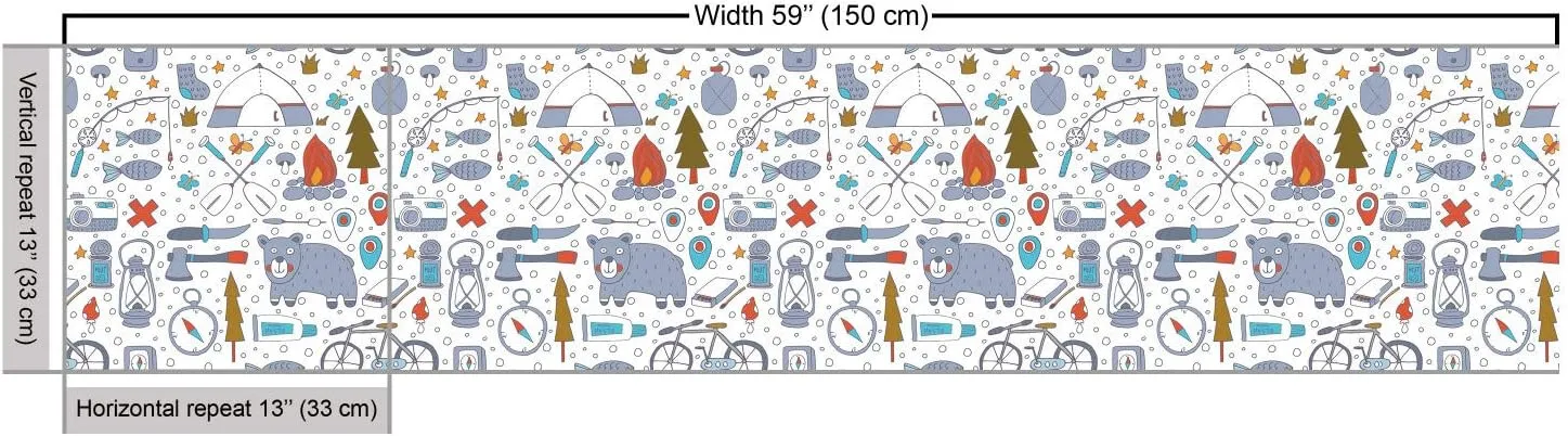 Lunarable Camping Fabric by The Yard, Cartoon Bear Tent and Compass Outdoor Hobby Theme Hiking Doodle, Decorative Fabric for Upholstery and Home Accents, 3 Yards, Vermilion Bluegrey