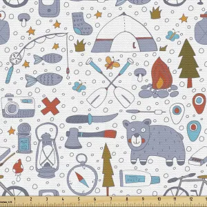 Lunarable Camping Fabric by The Yard, Cartoon Bear Tent and Compass Outdoor Hobby Theme Hiking Doodle, Decorative Fabric for Upholstery and Home Accents, 3 Yards, Vermilion Bluegrey