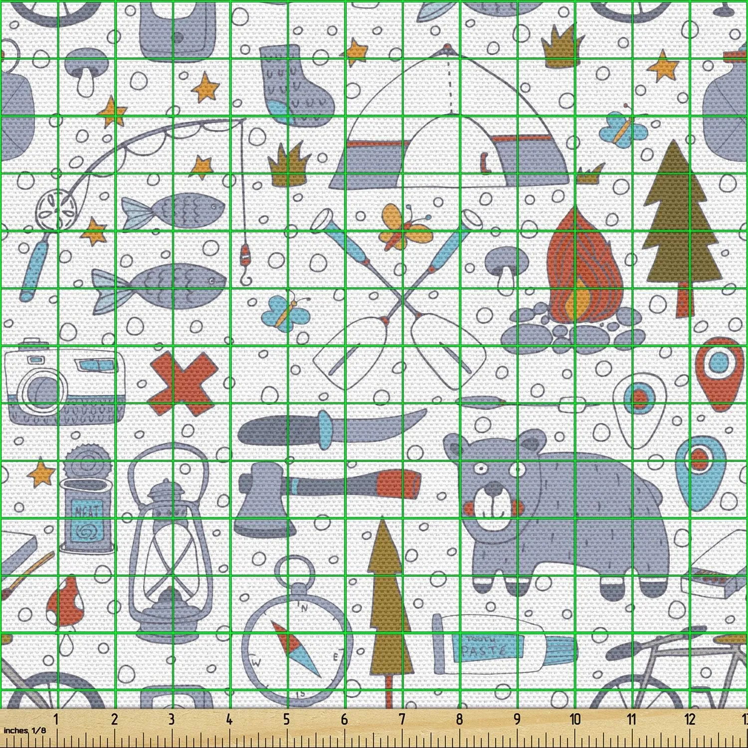 Lunarable Camping Fabric by The Yard, Cartoon Bear Tent and Compass Outdoor Hobby Theme Hiking Doodle, Decorative Fabric for Upholstery and Home Accents, 3 Yards, Vermilion Bluegrey
