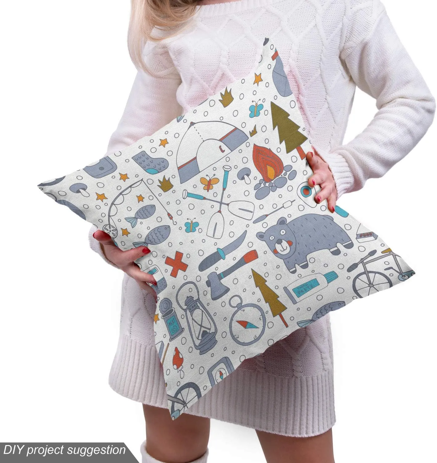 Lunarable Camping Fabric by The Yard, Cartoon Bear Tent and Compass Outdoor Hobby Theme Hiking Doodle, Decorative Fabric for Upholstery and Home Accents, 3 Yards, Vermilion Bluegrey
