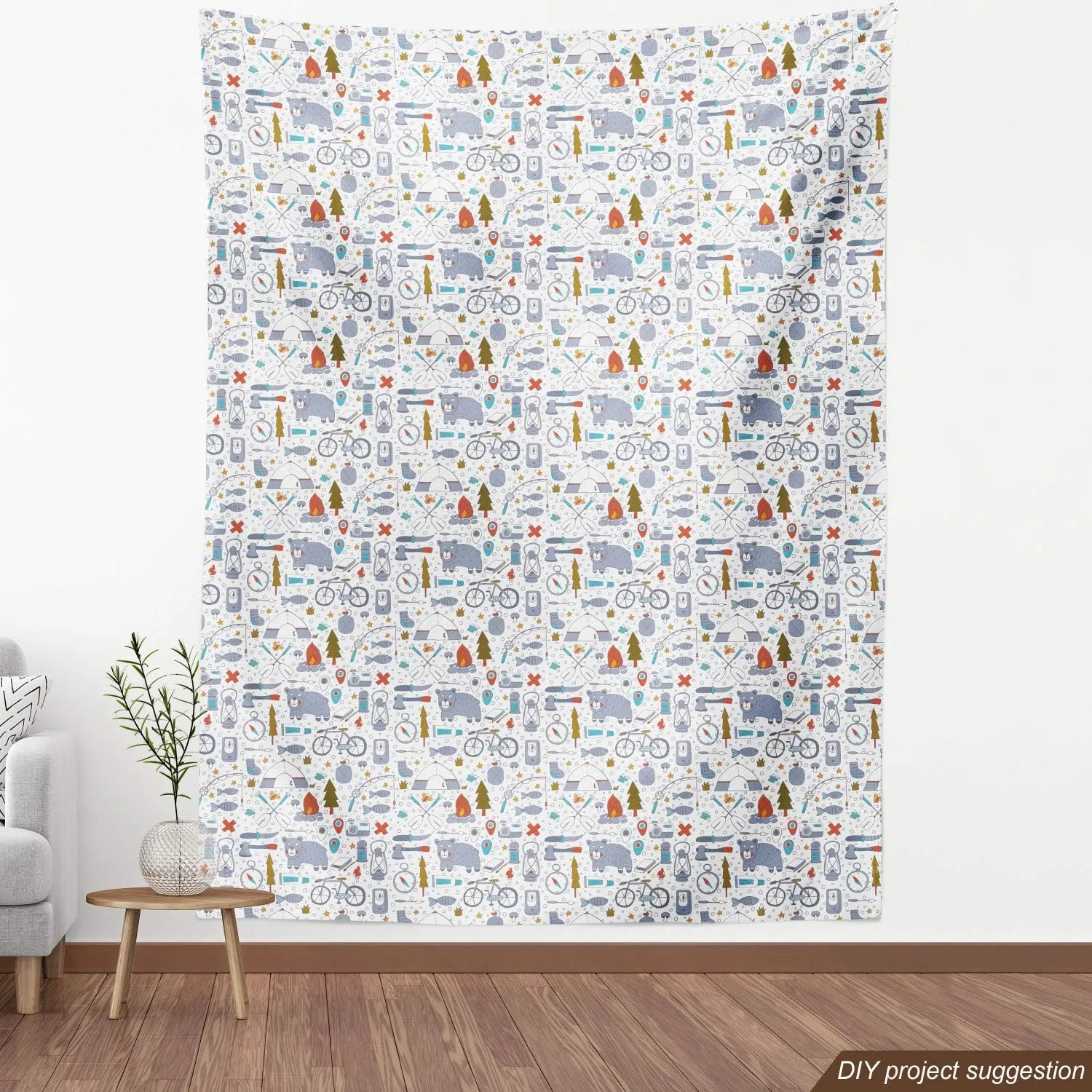 Lunarable Camping Fabric by The Yard, Cartoon Bear Tent and Compass Outdoor Hobby Theme Hiking Doodle, Decorative Fabric for Upholstery and Home Accents, 3 Yards, Vermilion Bluegrey