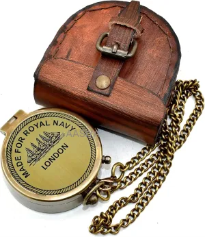 Made for Royal Navy London Brass Antique Compass with Leather Case Best Gift for Navy Pocket Compass Birthday Gift Valentine Day Gift Anniversery Gift Christmas Day Gift.