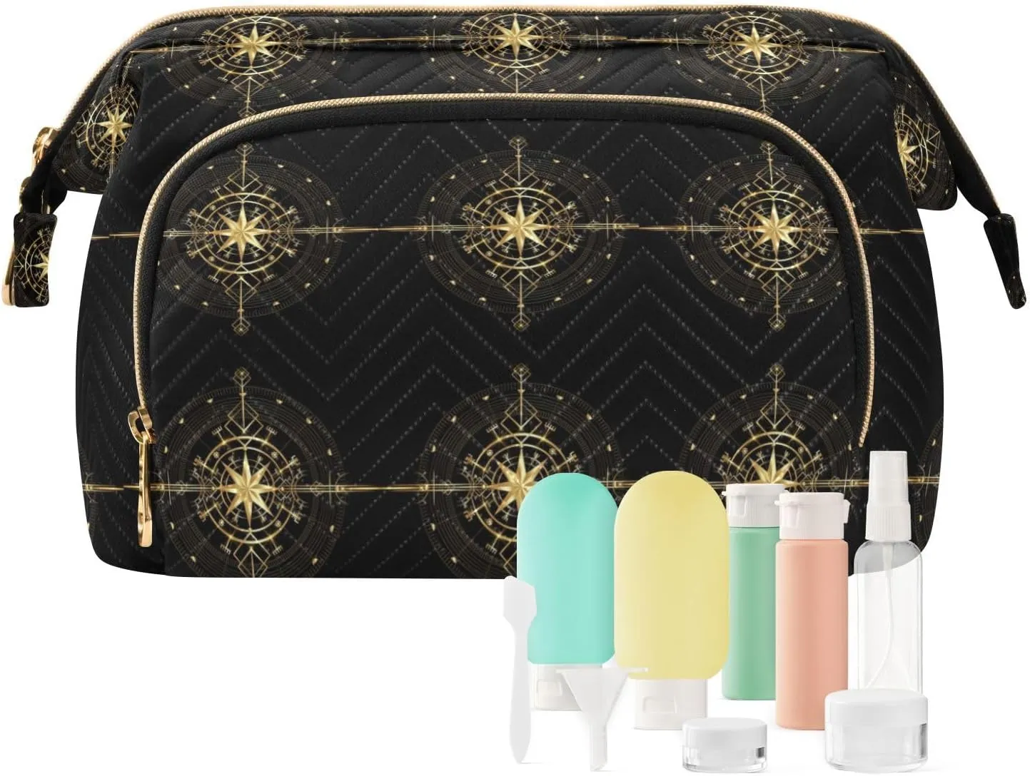 Magic Ancient Wind Rose Magic Navigation Gold Compass Women Cosmetic Bag Makeup Bag Stylish Trip Beauty Bag Travel Toiletry Bag with Bottle Organizer 10.2 x 5.9 x 6.7 inch