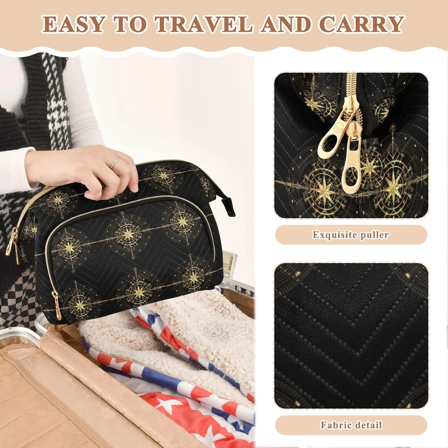 Magic Ancient Wind Rose Magic Navigation Gold Compass Women Cosmetic Bag Makeup Bag Stylish Trip Beauty Bag Travel Toiletry Bag with Bottle Organizer 10.2 x 5.9 x 6.7 inch