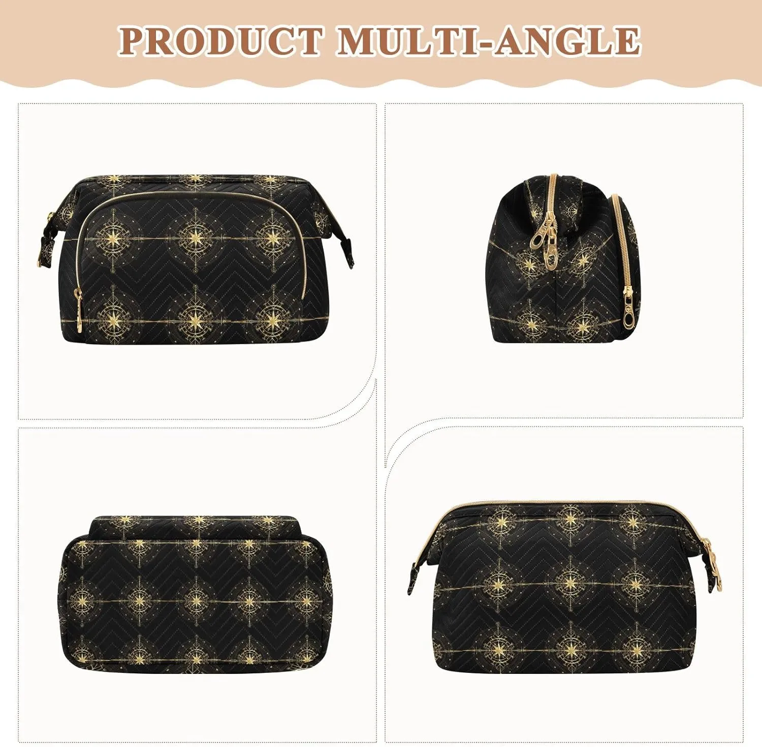 Magic Ancient Wind Rose Magic Navigation Gold Compass Women Cosmetic Bag Makeup Bag Stylish Trip Beauty Bag Travel Toiletry Bag with Bottle Organizer 10.2 x 5.9 x 6.7 inch