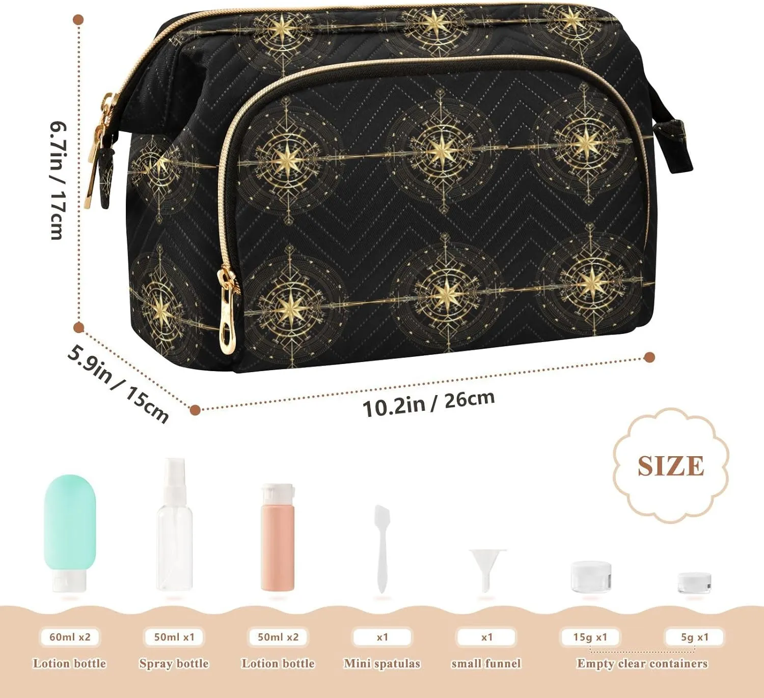 Magic Ancient Wind Rose Magic Navigation Gold Compass Women Cosmetic Bag Makeup Bag Stylish Trip Beauty Bag Travel Toiletry Bag with Bottle Organizer 10.2 x 5.9 x 6.7 inch