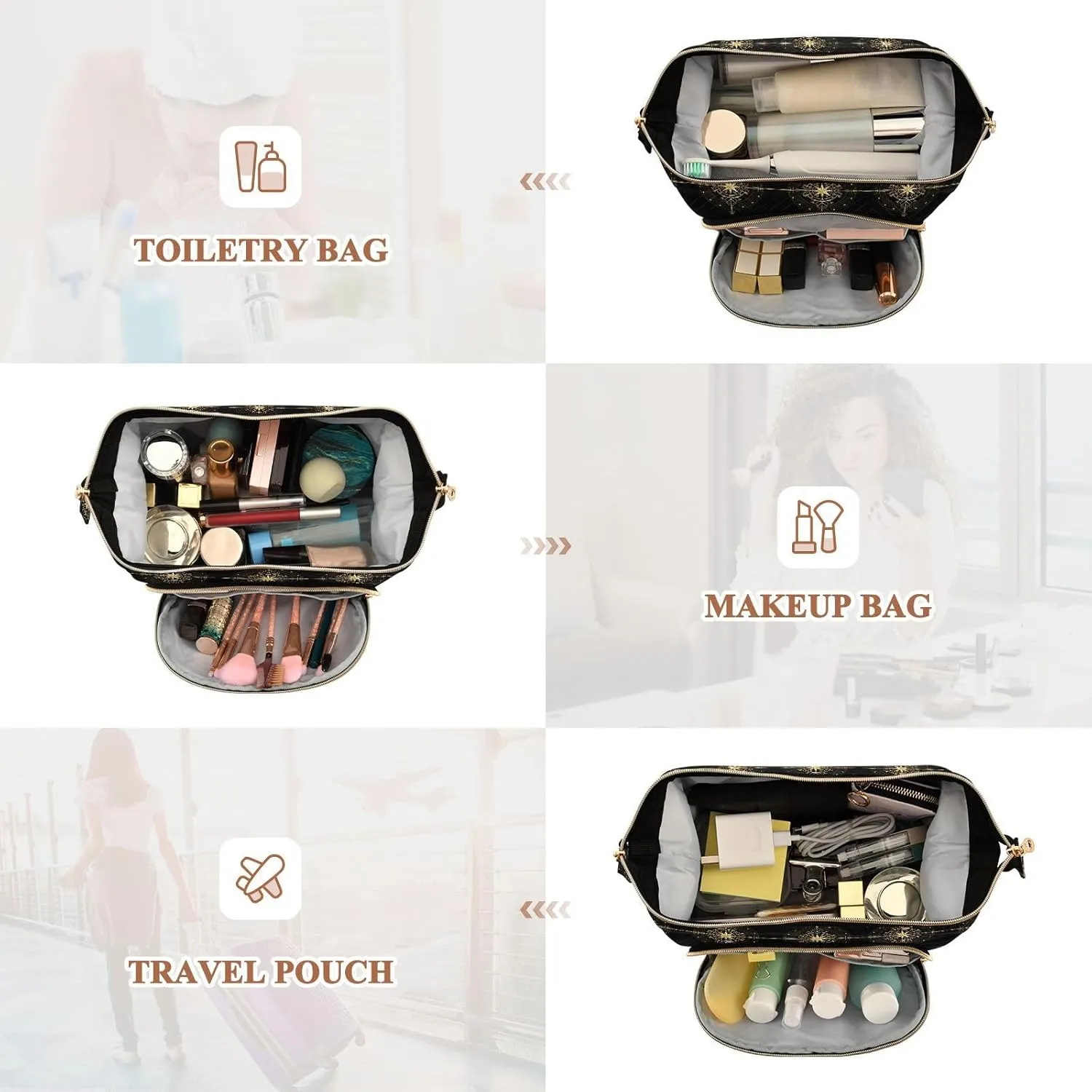 Magic Ancient Wind Rose Magic Navigation Gold Compass Women Cosmetic Bag Makeup Bag Stylish Trip Beauty Bag Travel Toiletry Bag with Bottle Organizer 10.2 x 5.9 x 6.7 inch