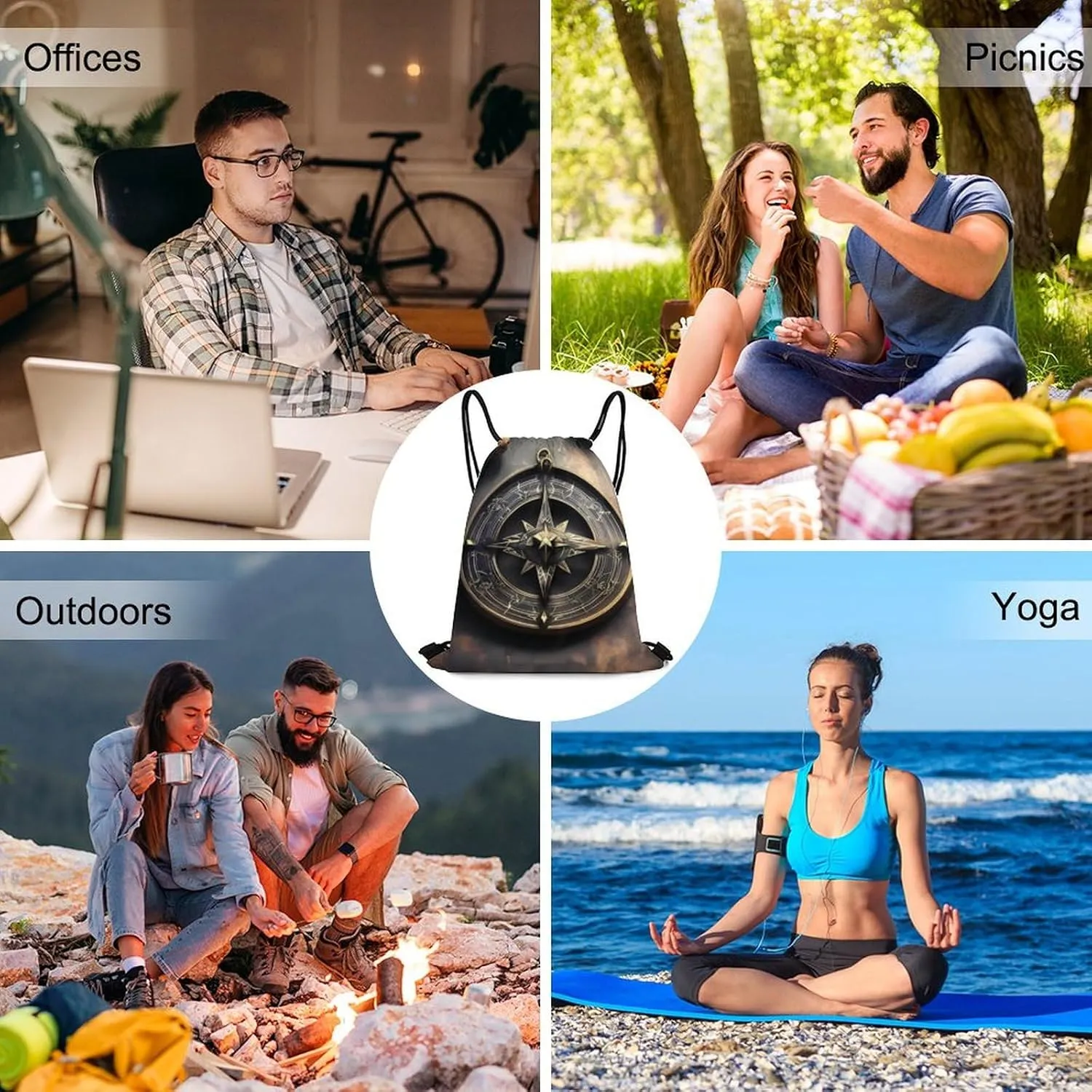 Magical Design Norse Runes Compass Drawstring Backpack Travel Sports Drawstring Bags Portable Storage Gym Bag for Men Women