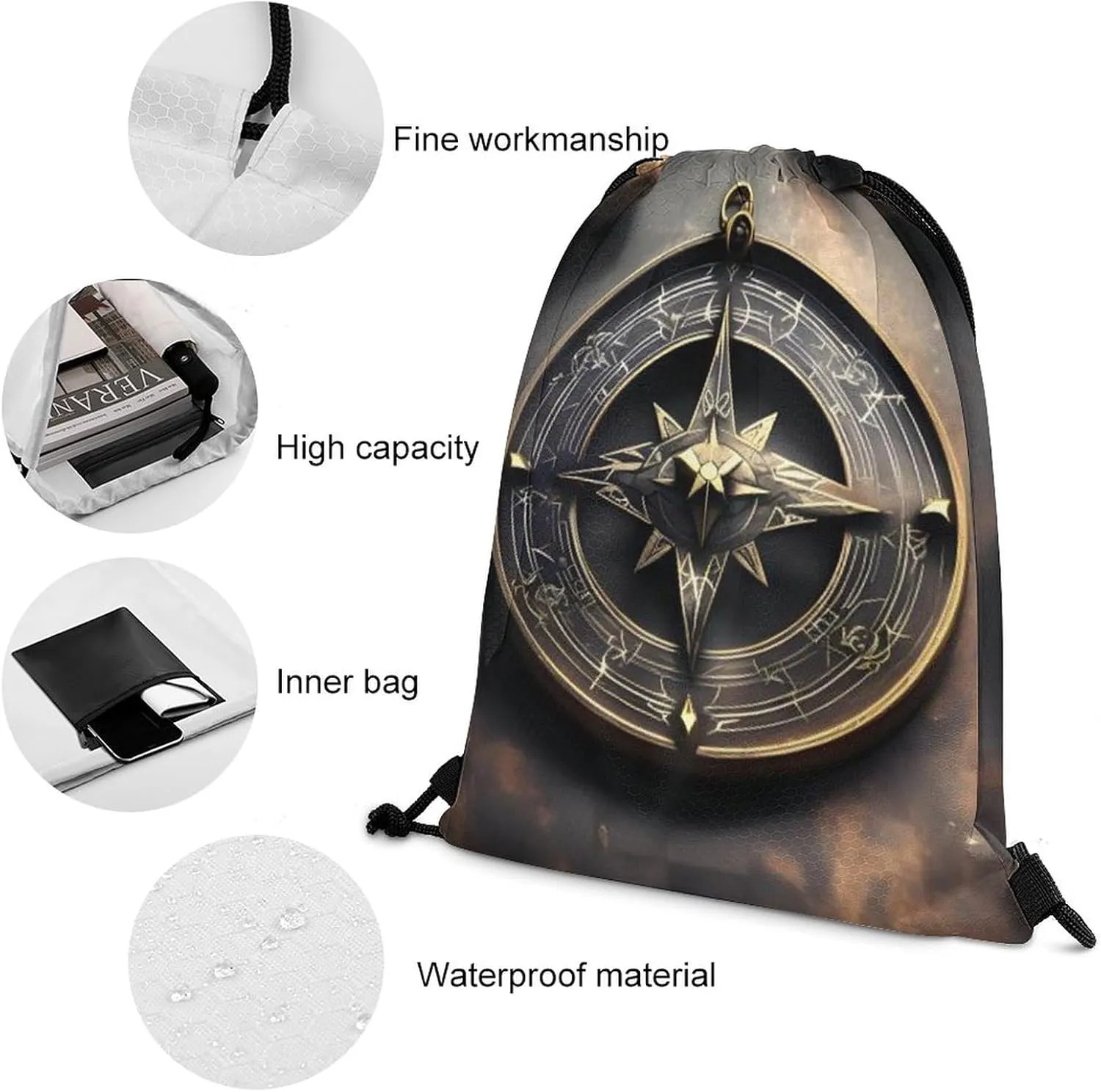 Magical Design Norse Runes Compass Drawstring Backpack Travel Sports Drawstring Bags Portable Storage Gym Bag for Men Women