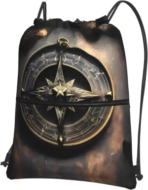 Magical Design Norse Runes Compass Print Drawstring Backpack â€“ Lightweight Gym Bag for Sports, Travel, and Hiking â€“ Durable and Foldable