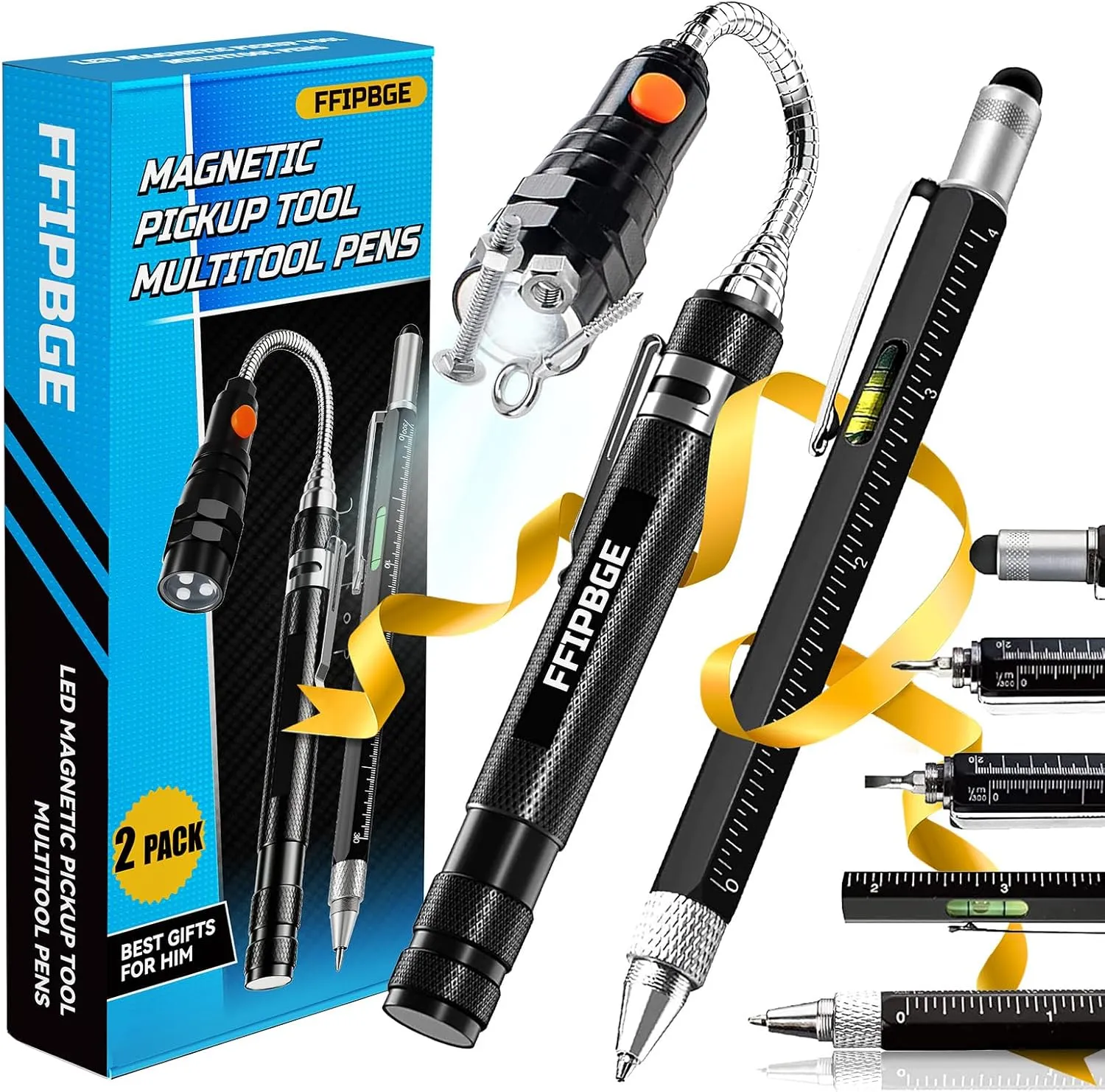 Magnetic Pickup Tool and 6 in 1 Multitool Pen with Touch Screen Stylus, Rulers, Bubble Level, Flathead, Phillips Screwdriver, Ballpoint Pen, Fathers Day Dad Gifts, Gifts for Men, Him, 2 Pack