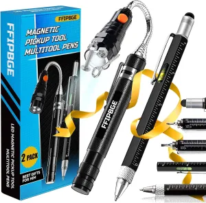 Magnetic Pickup Tool and 6 in 1 Multitool Pen with Touch Screen Stylus, Rulers, Bubble Level, Flathead, Phillips Screwdriver, Ballpoint Pen, Fathers Day Dad Gifts, Gifts for Men, Him, 2 Pack