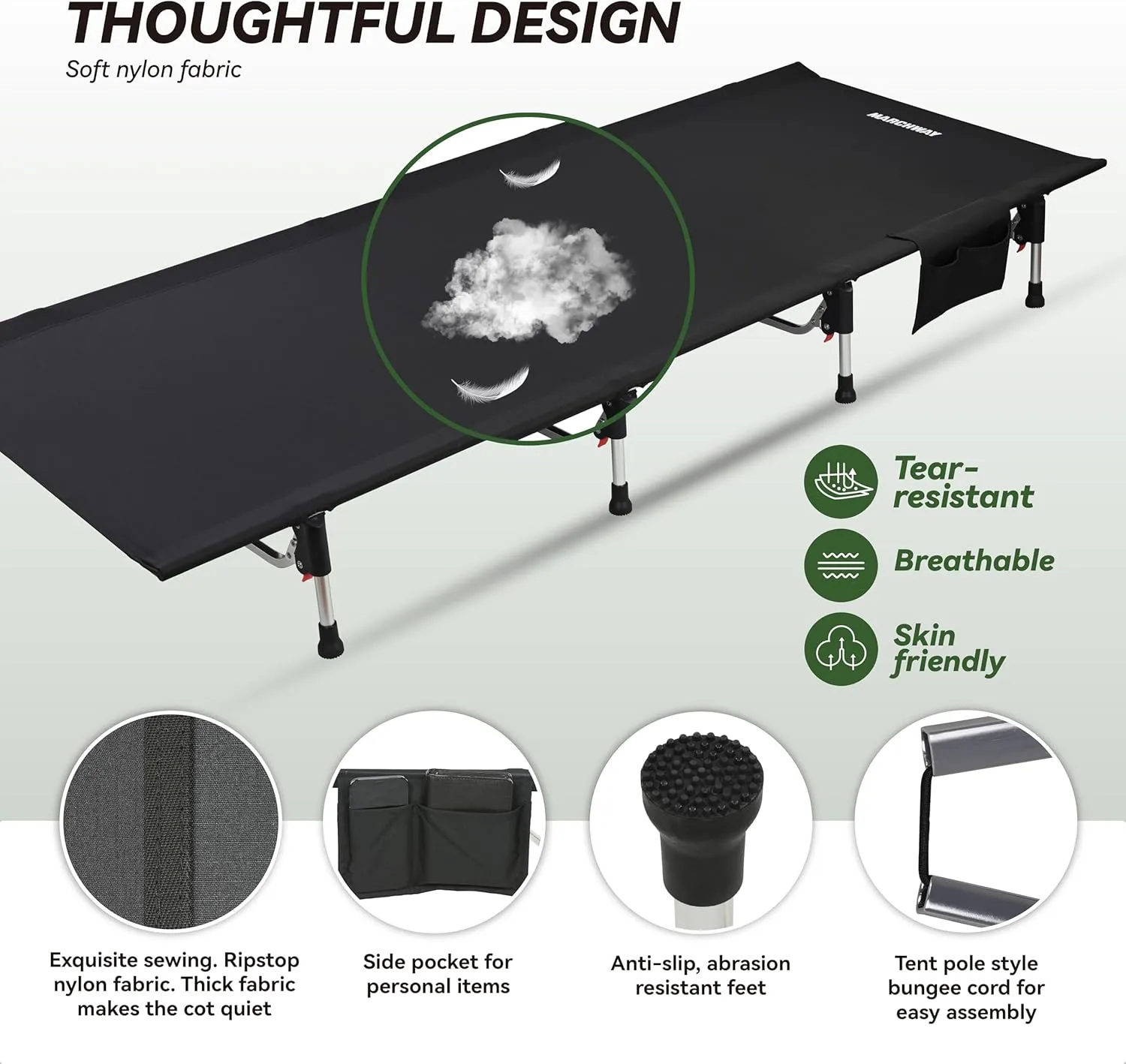 MARCHWAY Lightweight Folding Tent Camping Cot Bed with Lever Lock, Easy Setup Portable Compact for Outdoor Travel, Hunting, Hiking, Motorcycling, Support 330Lbs (Black)