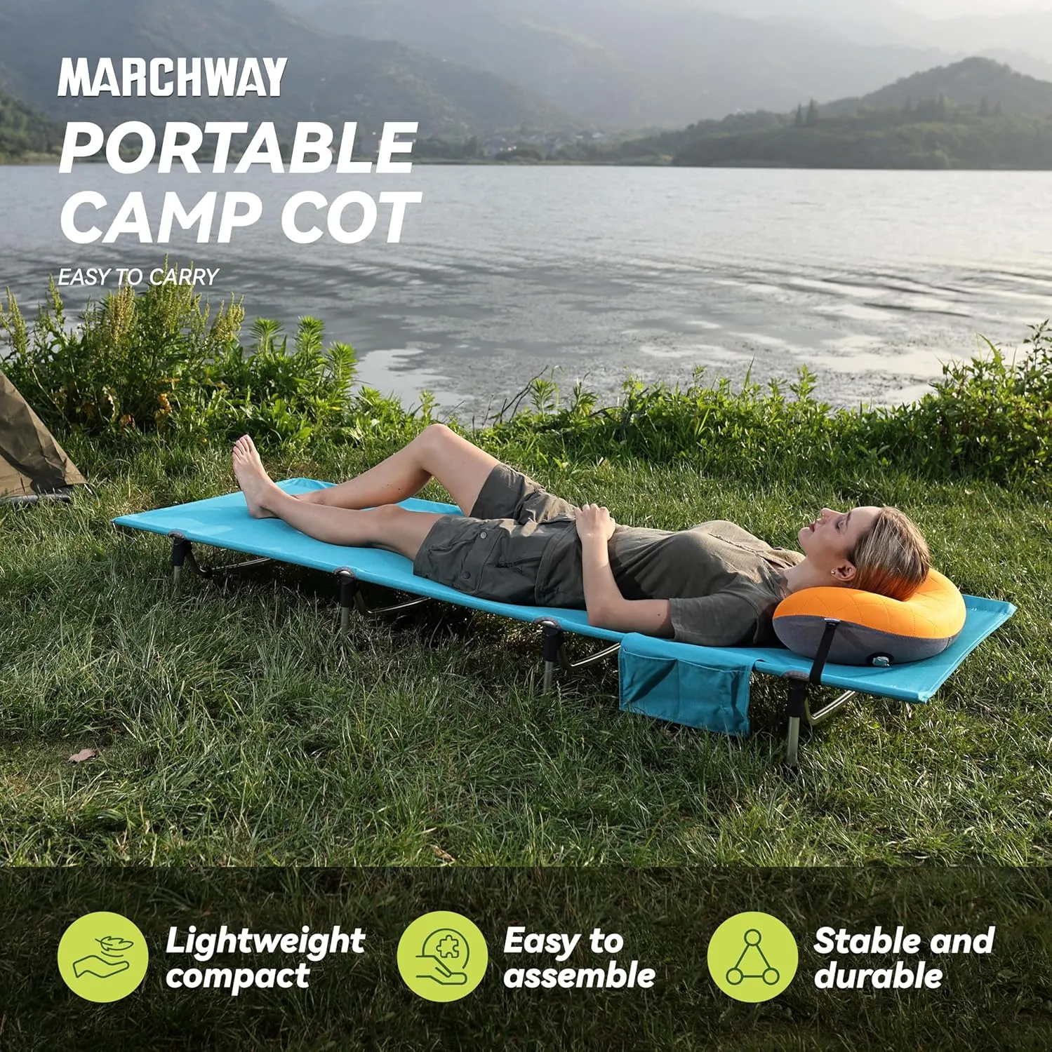 MARCHWAY Lightweight Folding Tent Camping Cot Bed with Lever Lock, Easy Setup Portable Compact for Outdoor Travel, Hunting, Hiking, Motorcycling, Support 330Lbs (Blue)