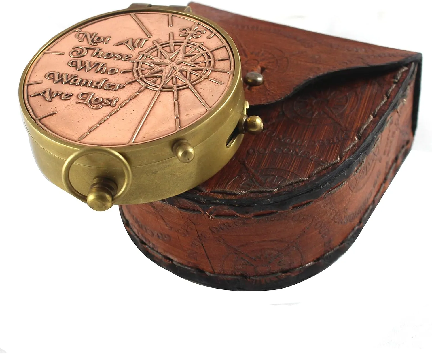 Marine Brass Compass with Leather Case 2 Inch Antique Copper Dial Not All Those Who Wander are Lost Engraved Nautical Navigation Tool Gift for Travelers