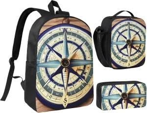 Maritime Sailboat Compass print 3PCS Backpack for Men Women Aesthetic 17 Inches Bookbag with Lunch Box Pencil Bag
