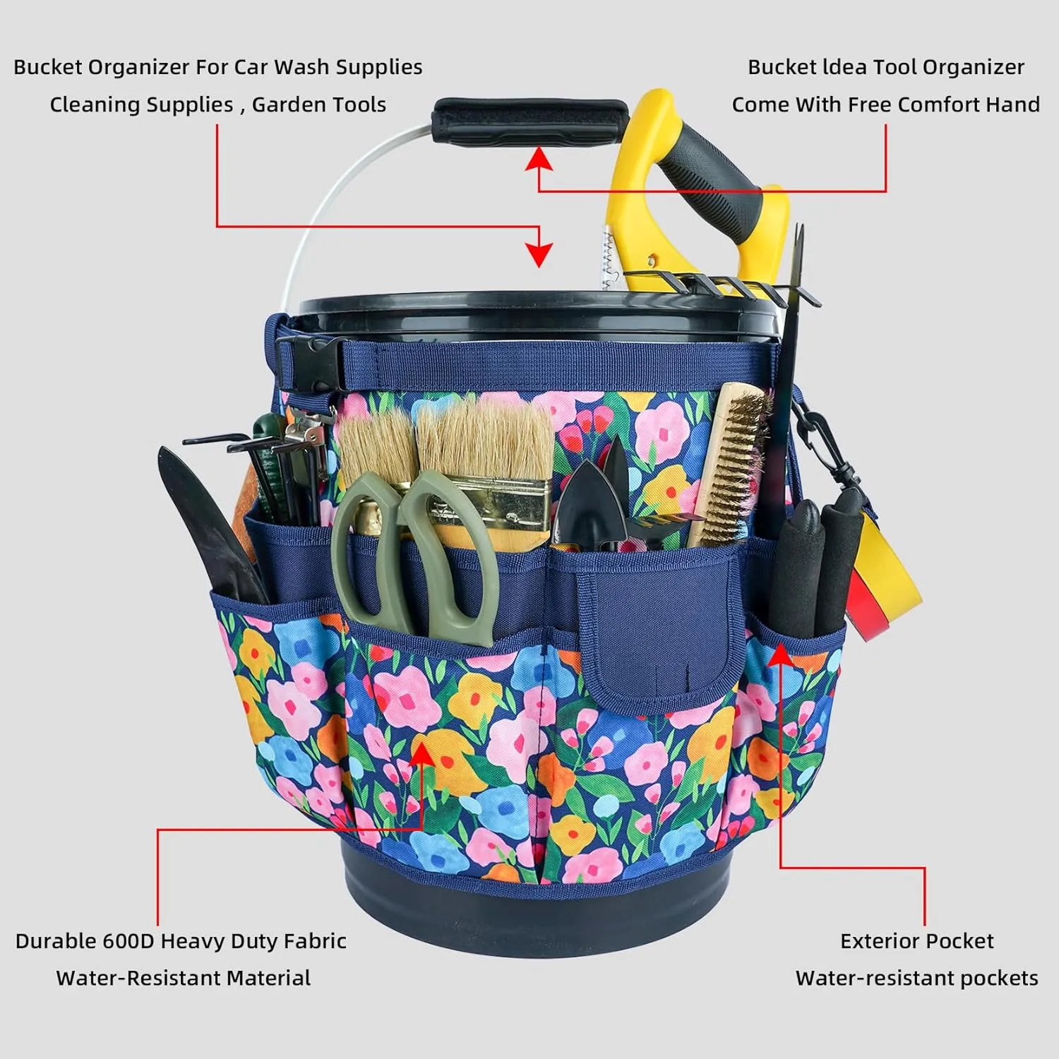 MELOTOUGH Bucket Idea Bucket Tool Organizer for Garden Tools Fit 3.5 to 5 Gallon Bucket (Blue Flower)