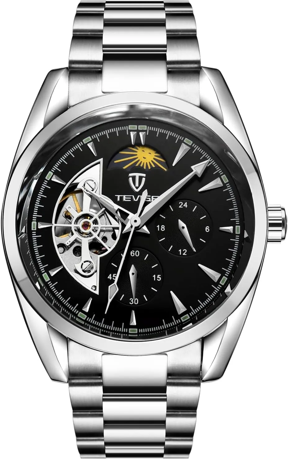 Men's Automatic Mechanical Watch, 40mm Stainless Steel Case, Moon Phase Display