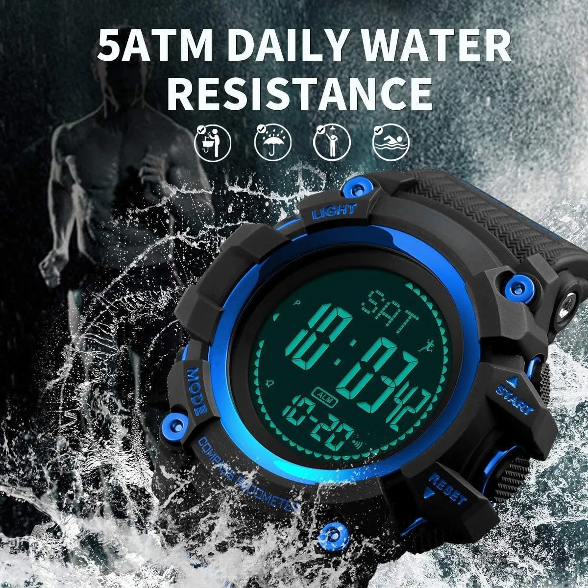 Mens Digital Sports Watch Waterproof Military Outdoor Compass Multifunction Wrist Watch Pedometer Calorie