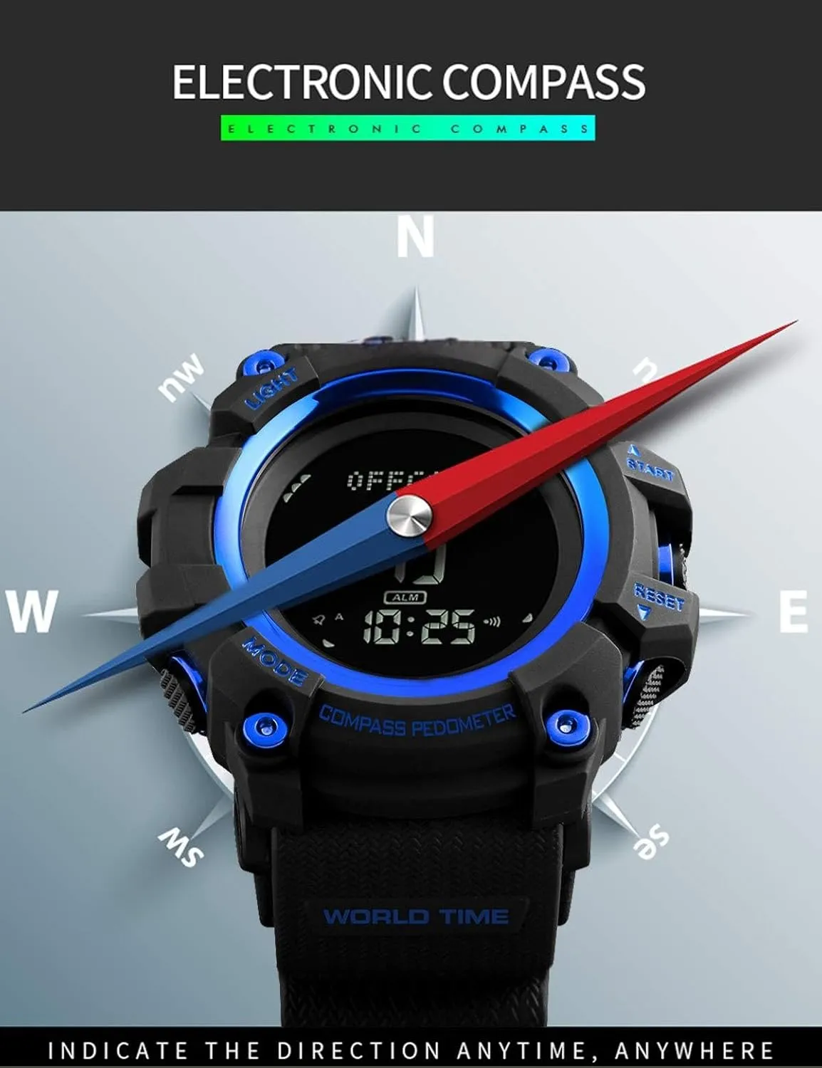 Mens Digital Sports Watch Waterproof Military Outdoor Compass Multifunction Wrist Watch Pedometer Calorie