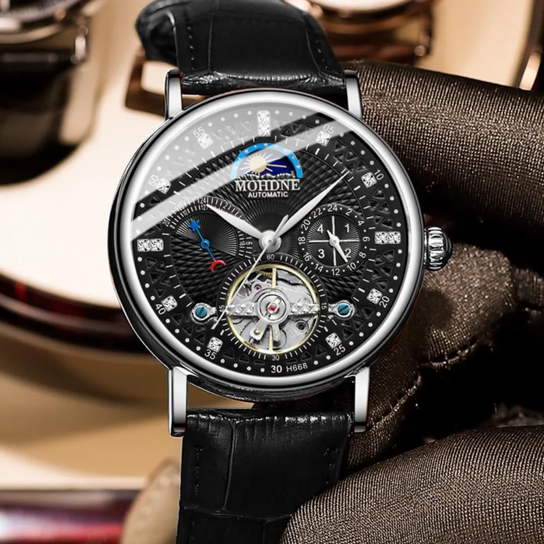 Men's Fully Automatic Mechanical Watch with Multifunctional Lunar Phase Display, Waterproof Mechanical Watch, Outdoor Compass Hollow Out Watch