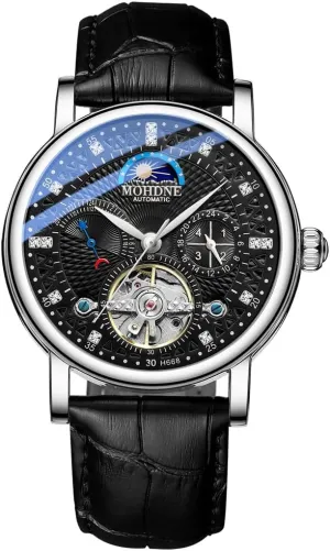 Men's Fully Automatic Mechanical Watch with Multifunctional Lunar Phase Display, Waterproof Mechanical Watch, Outdoor Compass Hollow Out Watch
