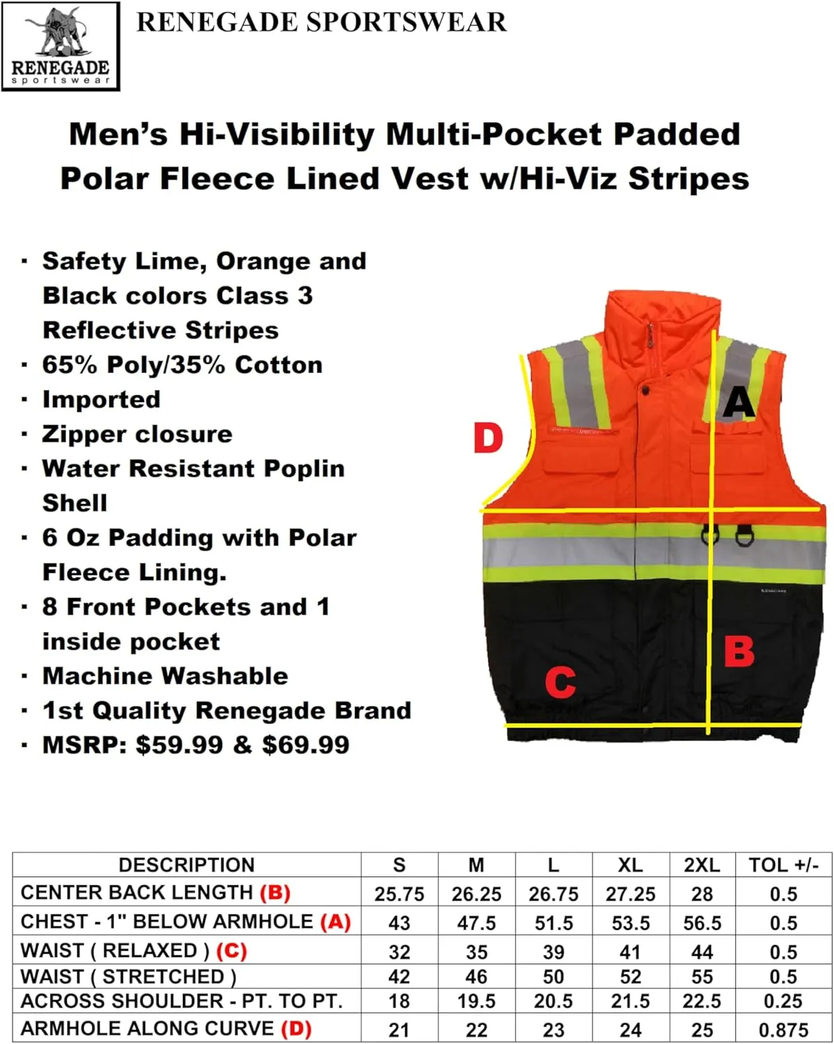 Men’s High Viz Class 3 Medium Weight Padded Multi-Pocket Poplin Vest