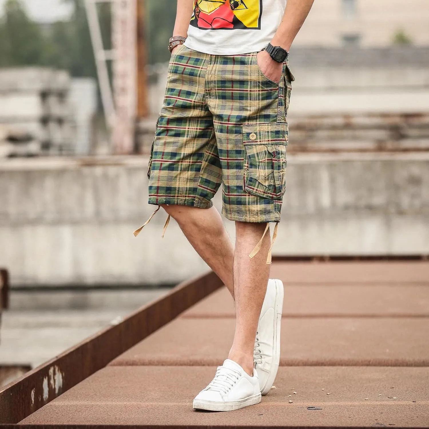 Men's Medium Cargo Shorts Summer Outdoor Sports Beach Pants Trend Plaid Loose Straight Pants
