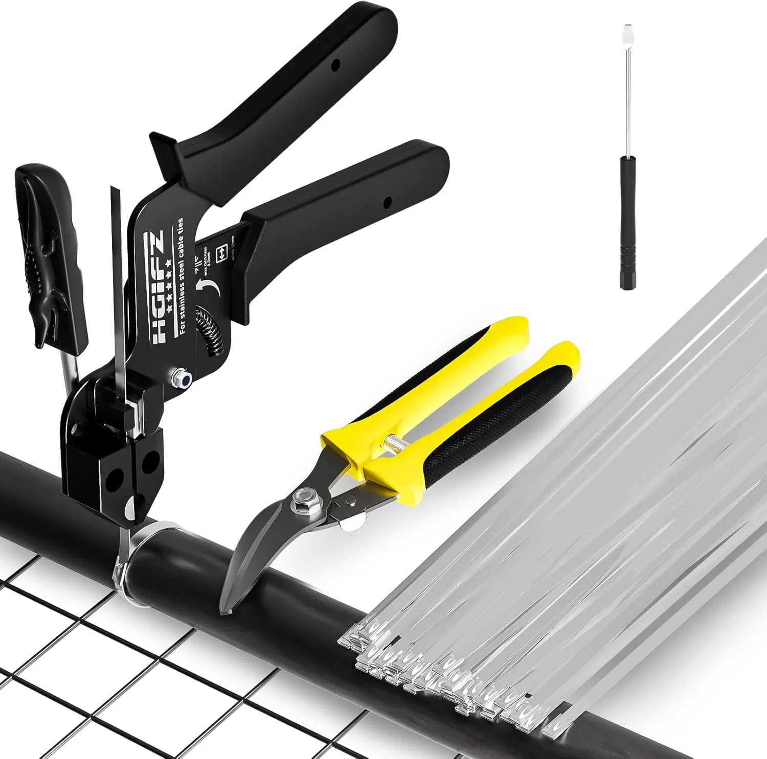 Metal Zip Ties Tool, 110 Pcs 11.8 inch Stainless Steel Cable Tie Gun Kit for Chain Link Fence Exhaust Pipe Outdoor, Adjustable Fastening Cutting Tie Tool Sets with Self-Locking Metal Zip Ties