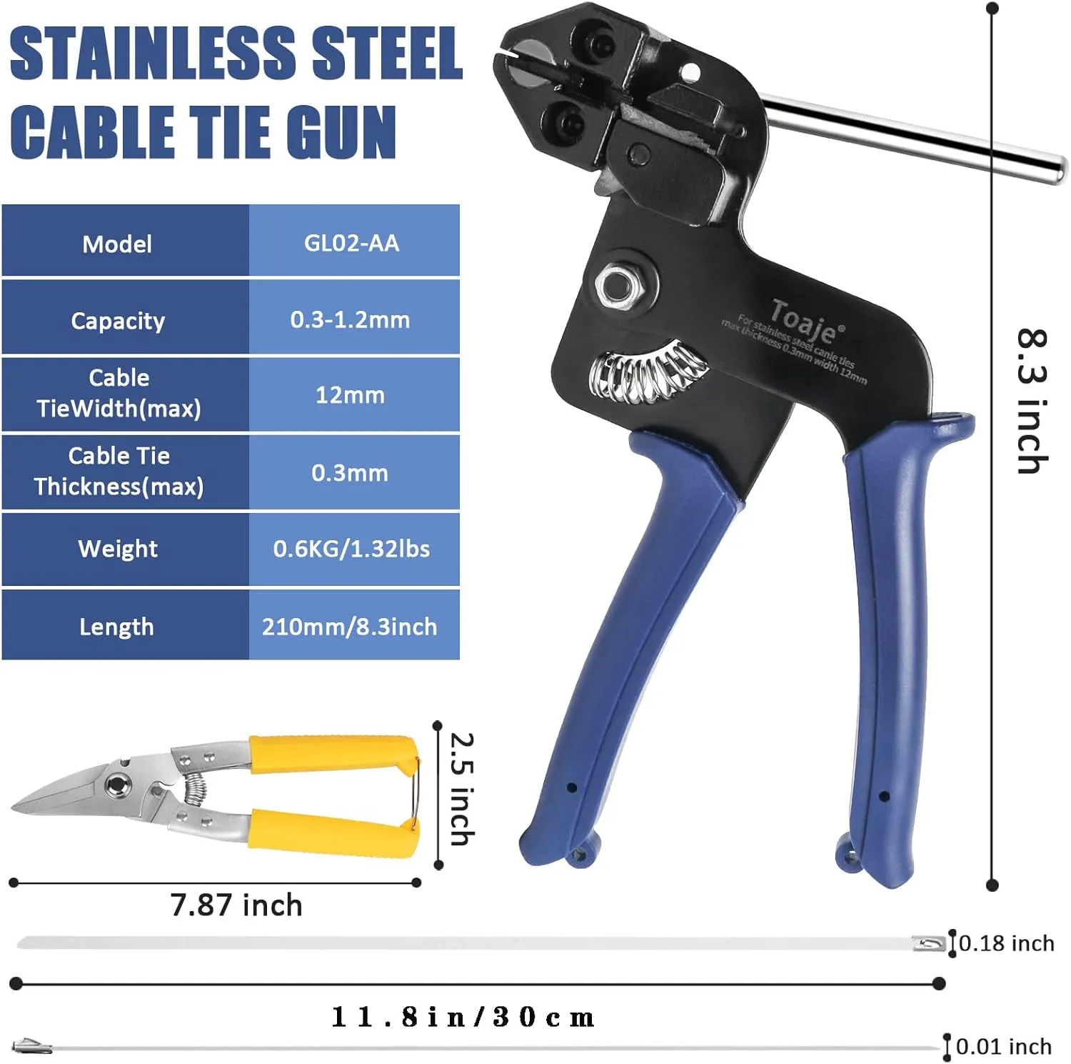 Metal Zip Ties Tool, Stainless Steel Zip Ties Gun Kit,Heavy Duty Outdoor Fastening Cable Tie Gun Tool for Chain Link Fence Exhaust Pipe Outdoor with 100pcs 11.8 Inch Metal Zip Ties (Blue, One Size)
