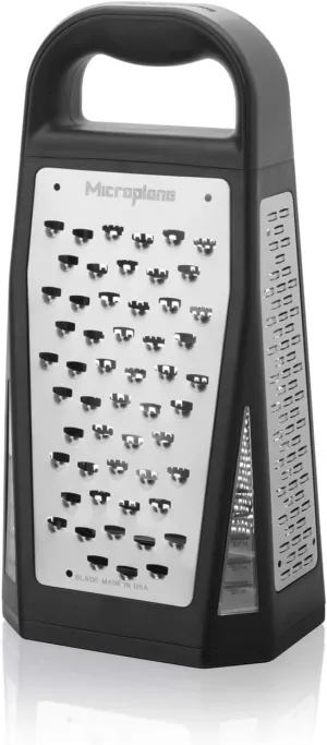 Microplane Elite Five Blade Box Grater with Measuring Cup Base, Five Grating Surfaces Including Fine, Coarse, Double-Sided Ribbon, Ultra-Coarse, and Slicer - Black