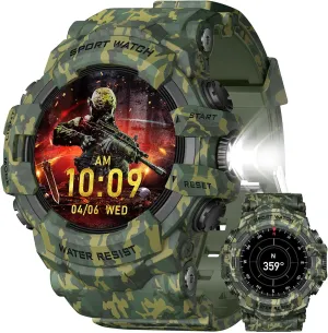 MIDDOW Military Smart Watch with Flashlight (Answer/Make Call) Compass, Heart Rate/Sleep/Sports Tracker, IP68 Waterproof, Long Battery Life, HD Screen, Android & iOS (Camouflage Green)
