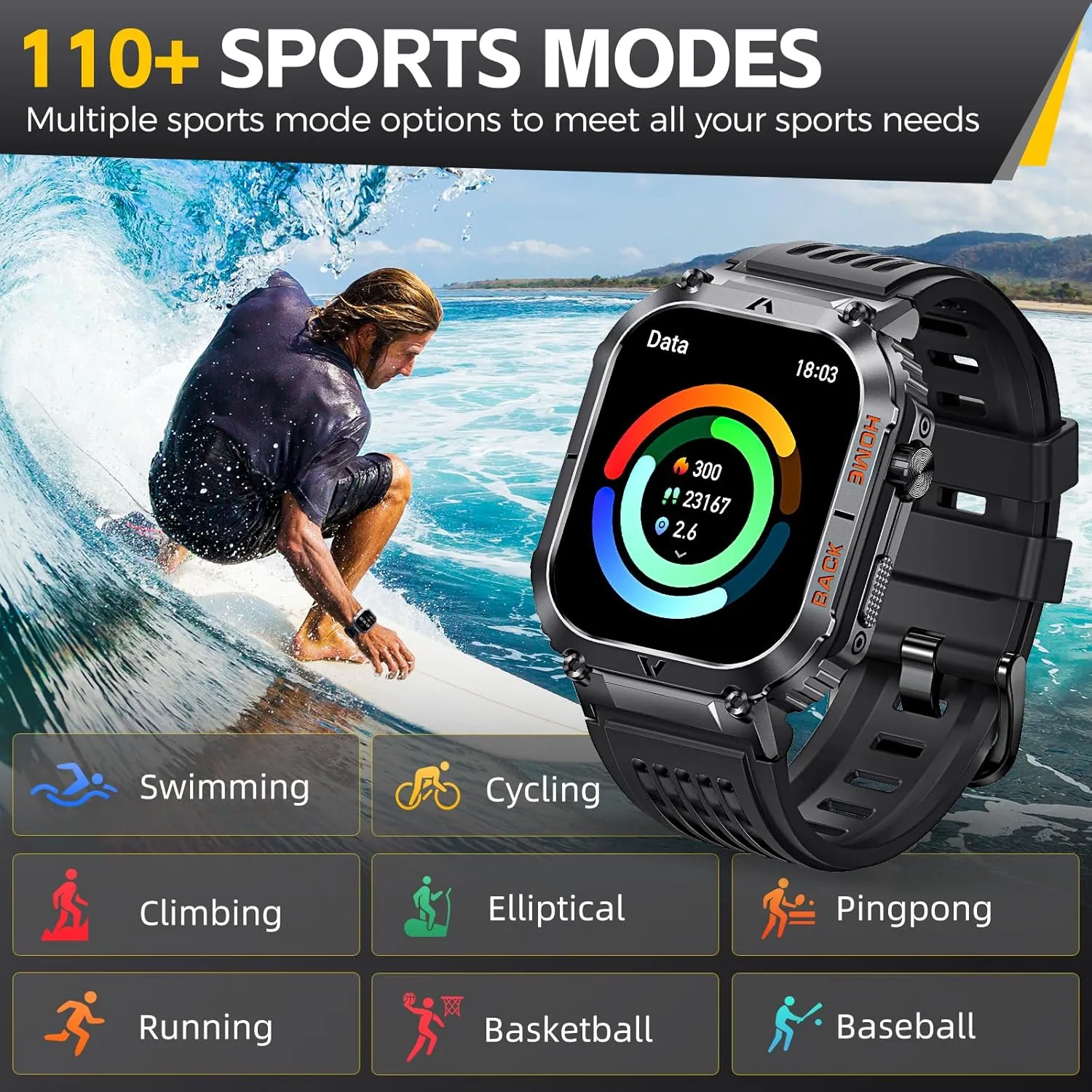 Military Smart Watch for Men with Call Compass 2.02" Big Screen Rugged Outdoor Tactical Smartwatch 5ATM Waterproof Fitness Watch with Heart Rate Blood Pressure Monitor for iPhone Android Phone