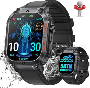 Military Smart Watch for Men with Call Compass 2.02" Big Screen Rugged Outdoor Tactical Smartwatch 5ATM Waterproof Fitness Watch with Heart Rate Blood Pressure Monitor for iPhone Android Phone