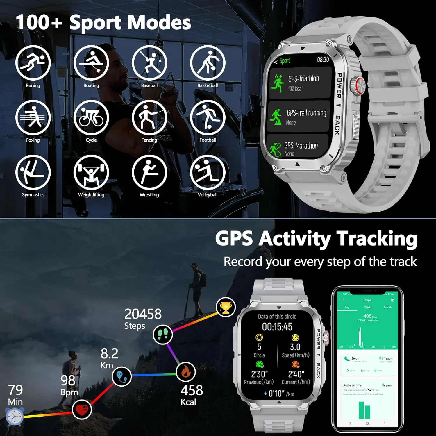 Military Smart Watch with GPS and Map(Answer/Make Call), Smartwatches with Health Monitor, Compass/Altitude/Air Pressure,100  Sport Modes, Fitness Tracker for Android/iPhone (with GPS Map, Gray)