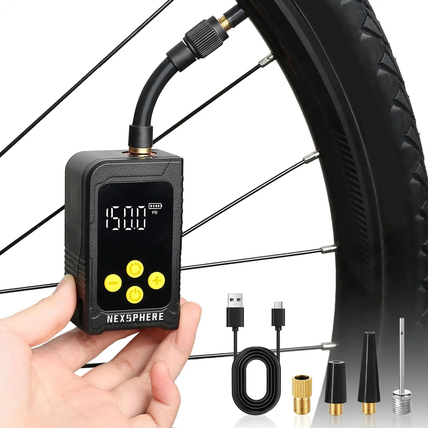 Mini Bike Tire Pump, Max 150 PSI, 25s Fast Inflate Bicycle Pump with Gauge, Electric Tire Inflator, Portable Air Pump with Presta & Schrader Valve for Mountain, City, Road, E-Bike, and Ball