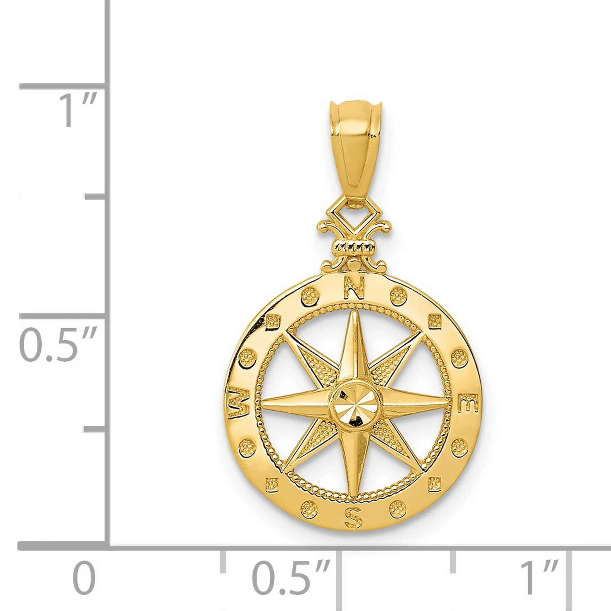 Miniature Nautical Compass Charm Pendant in Real 14k Yellow Gold