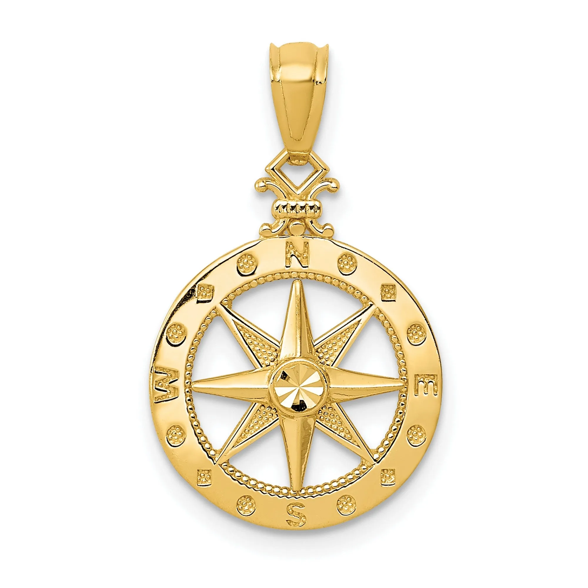 Miniature Nautical Compass Charm Pendant in Real 14k Yellow Gold