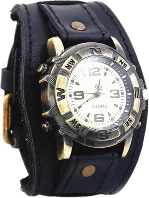 MINILUJIA Handmade Men Watches Vintage Punk Hip-hop Gothic Soft Wide Leather Fashion Cuff Women Wristwatch Round Bronze Dial Quartz