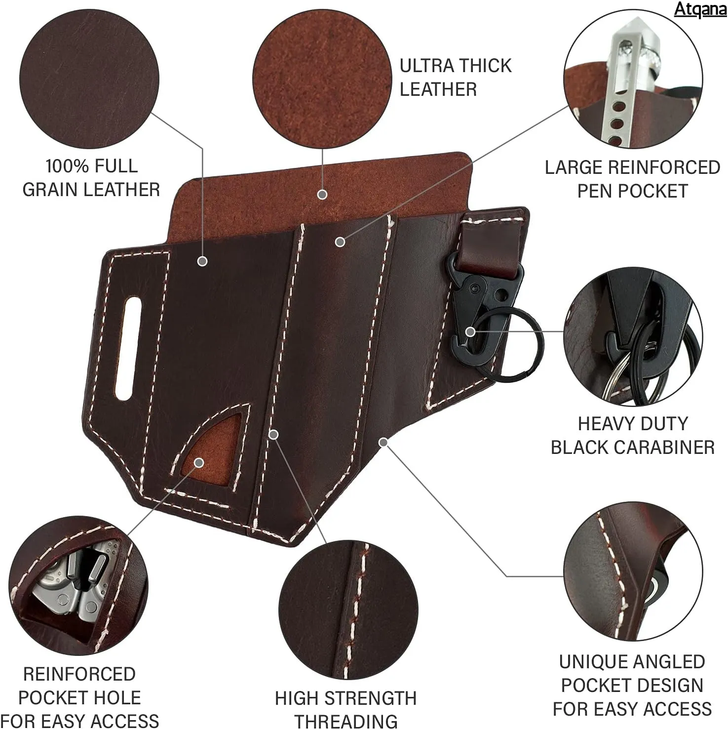 Multitool Sheath for Belt (Premium Leather) - EDC Pocket Organizer | Leatherman Holster | Handmade Leather Multitool Pouch with Pen Holder, Flashlight Sheath and Key Fob Clip by ATQANA®