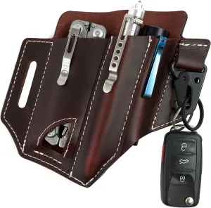 Multitool Sheath for Belt (Premium Leather) - EDC Pocket Organizer | Leatherman Holster | Handmade Leather Multitool Pouch with Pen Holder, Flashlight Sheath and Key Fob Clip by ATQANA®
