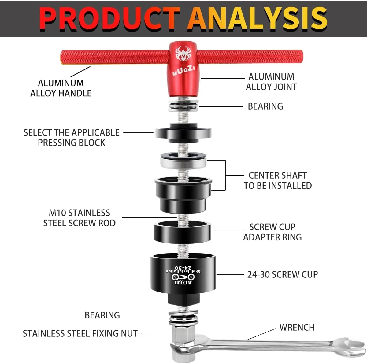 MUQZI Bottom Bracket Bearing Install Removal and Headset Press-in Tool MTB Road Bike Multifunction Tools Kit for BB86 BB30 BB92 PF30, Red