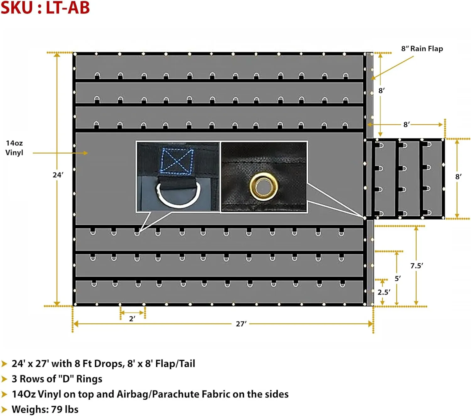 Mytee Products (2 Pack) Airbag/Parachute Fabric Black Ultra Light Lumber Tarp 24' x 27' (8' Drop) - 14 Oz Vinyl Lumber Tarps for Flatbed Truck & Trailer