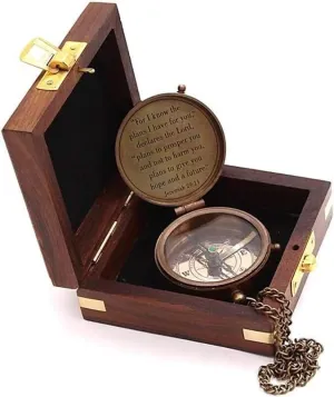 Nautical Vintage Brass Compass Style Lid Direction Pocket Compass with Wooden Box Collectibals.