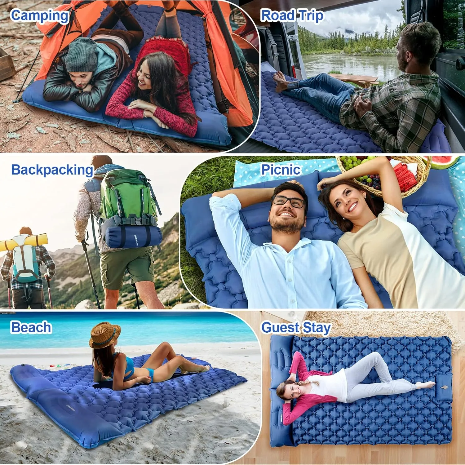 Night Cat Inflatable Sleeping Pads Mat Bed with Foot Pump and Pillow for Camping Backpacking Hiking Ultra-Light Compact Comfortable Extendable
